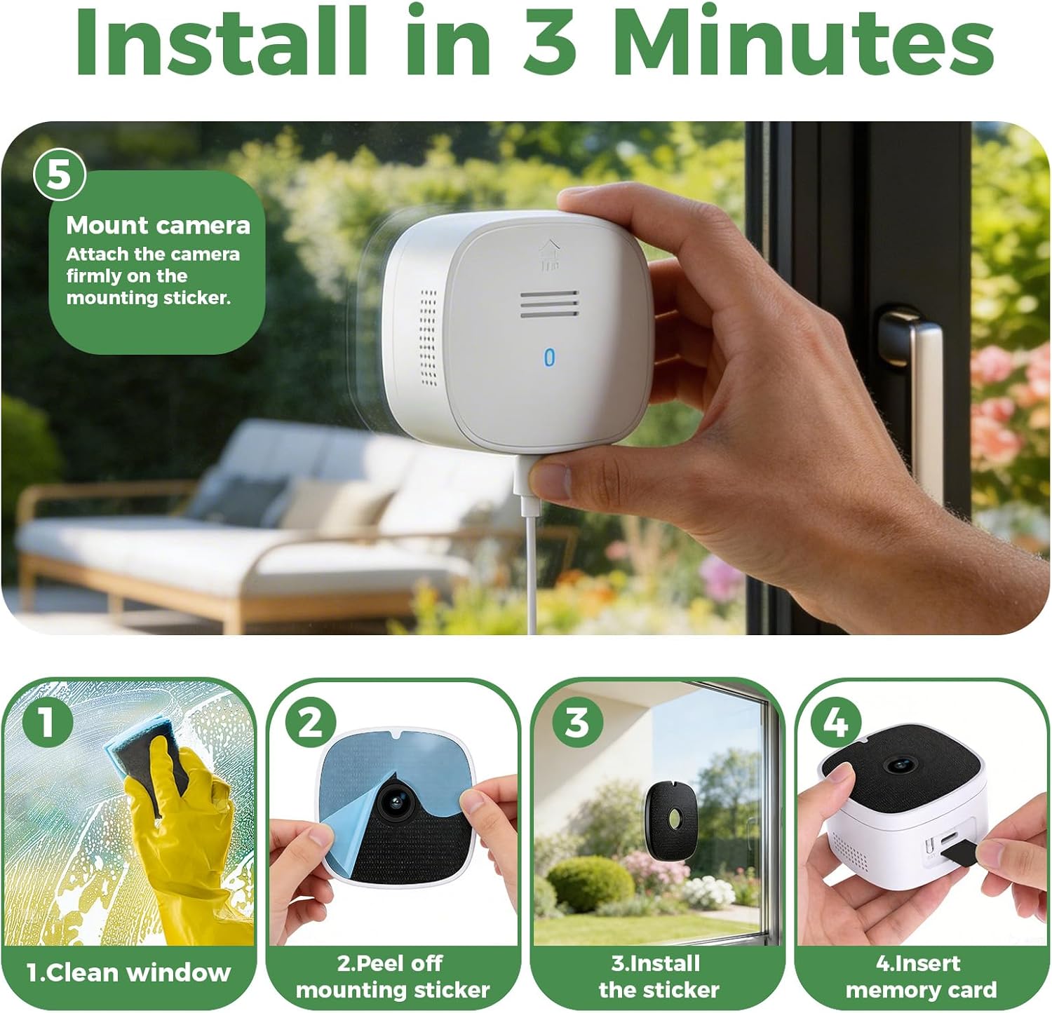 3K 5MP Window Camera, SpectraVivid AI Color Night Vision Window Cameras for Home Security, 2.4G&5G WiFi, Person & Motion Detection Siren, Two-Way Audio, 24/7 Recording, Easy Quick Install Indoor Glass