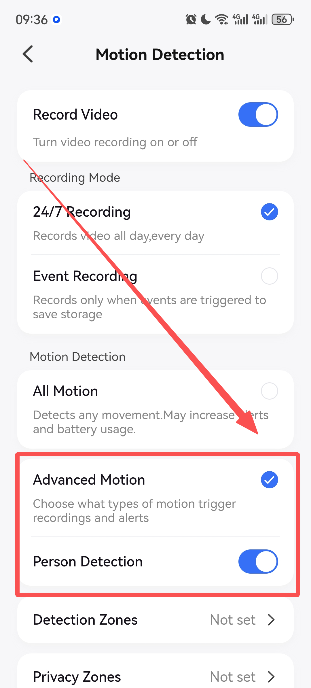 Human detection settings